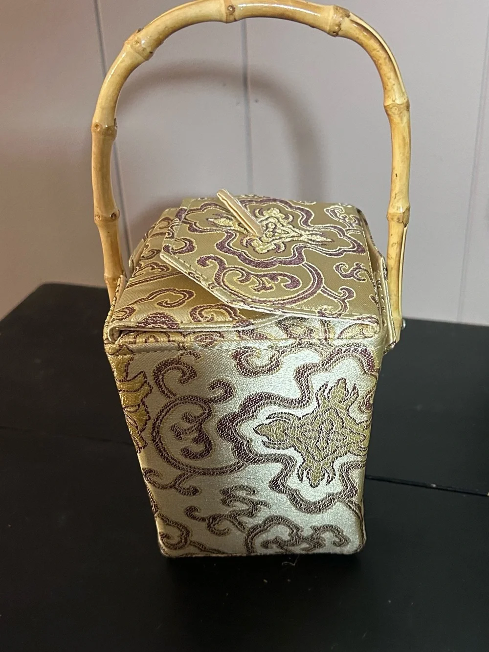 Asian Brocade Vanity Box Bamboo Handle Mirror Jewelry Sewing Trinket Box